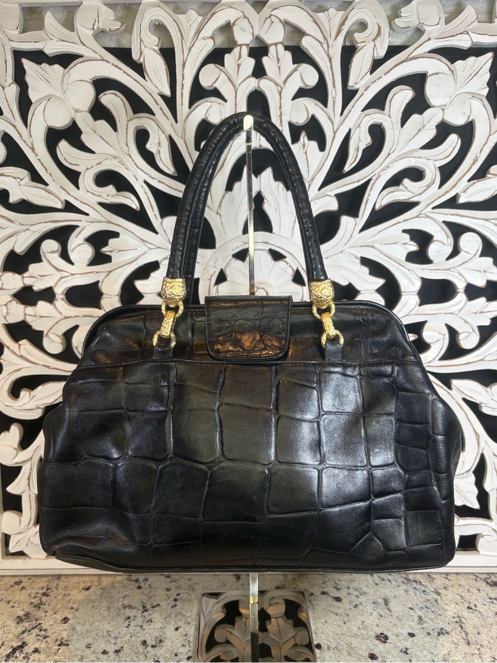 Peruzzi VTG Black Croc-Embossed Leather Satchel Handbag Made in Florence Italy